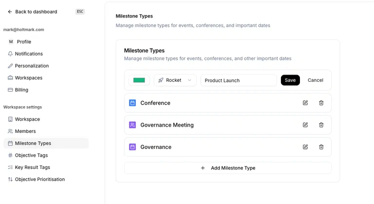 Milestone Types Settings Page