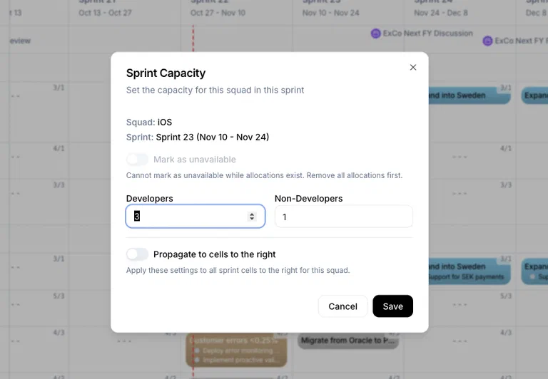 WIP Capacity Edit Modal