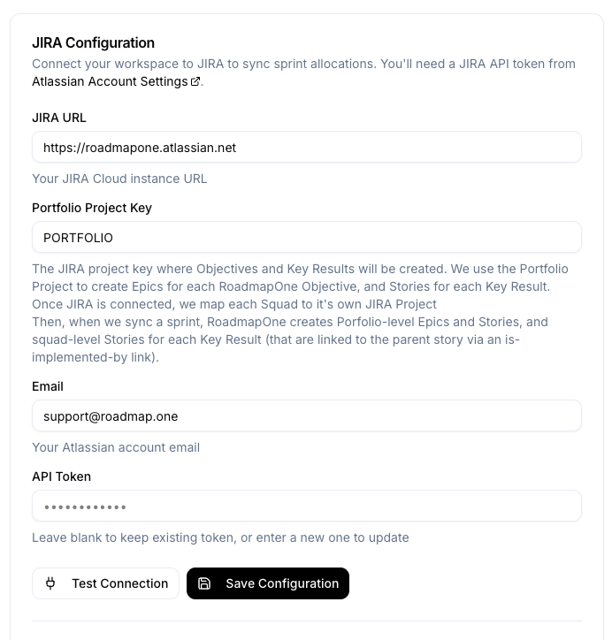 JIRA Settings Page