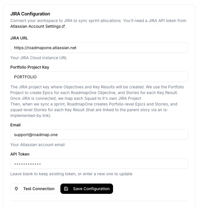 JIRA Settings Page