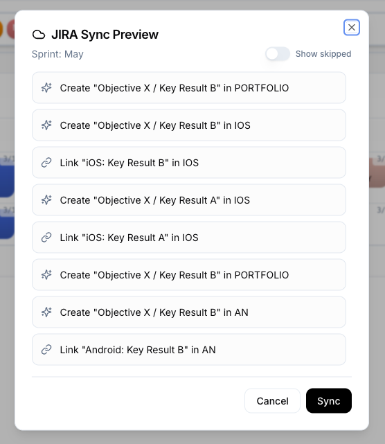 JIRA Sync Preview Modal