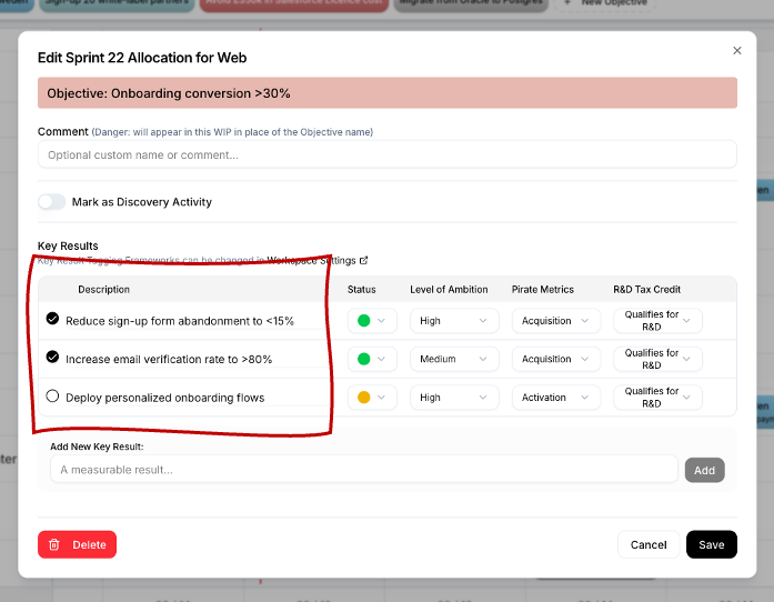 Allocation Modal with Key Result Selection