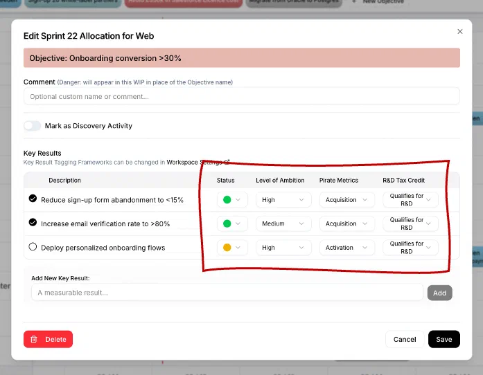 Key Result Tagging in RoadmapOne